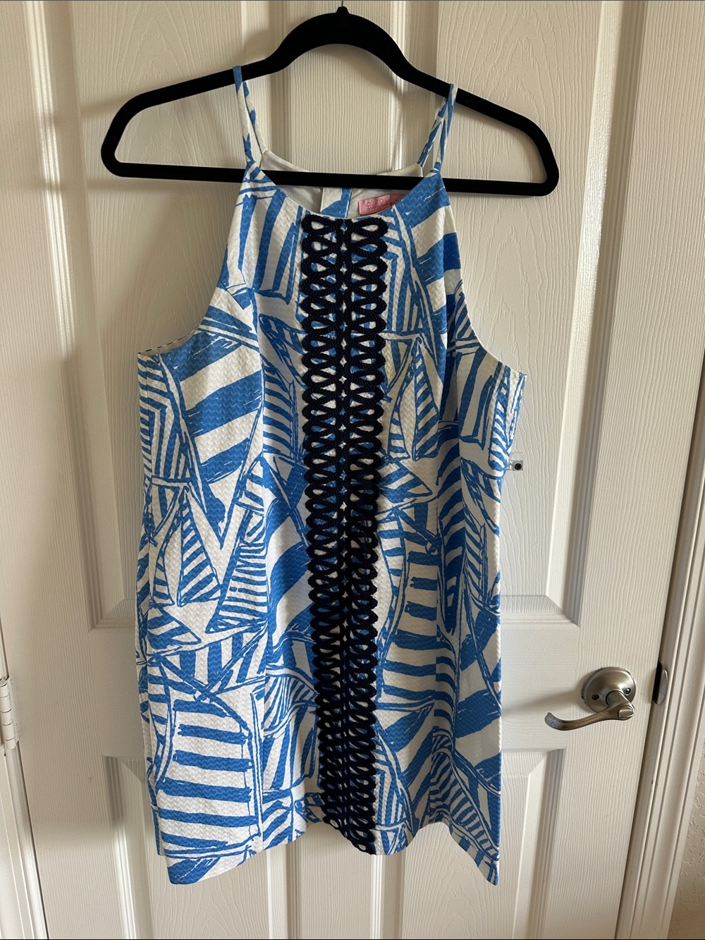 Lilly Pulitzer Blue and White Striped Leaf Print Halter Dress